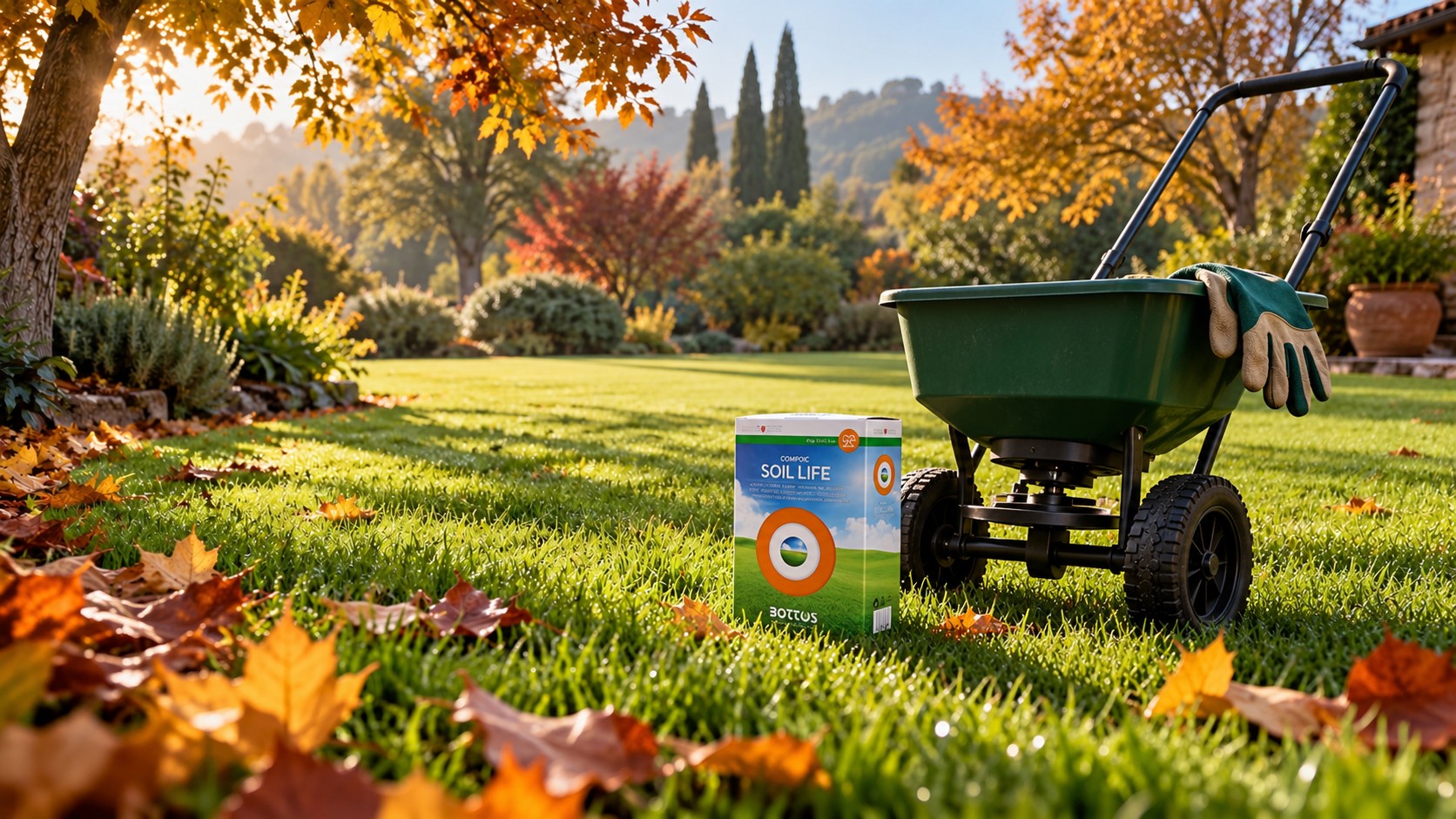 Preparing to fertilize the lawn in autumn with Soil Life, a fertilizer spreader and gardening gloves